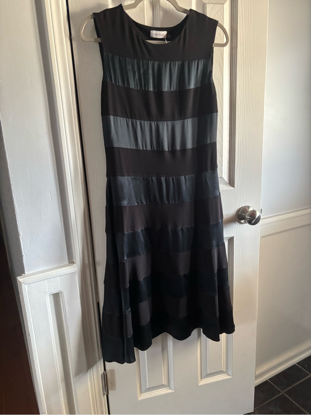 Calvin Klein Black and Satin Striped A-Line Dress